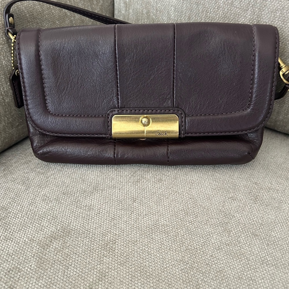 Coach Dark Brown Leather Wristlet with Gold Accent